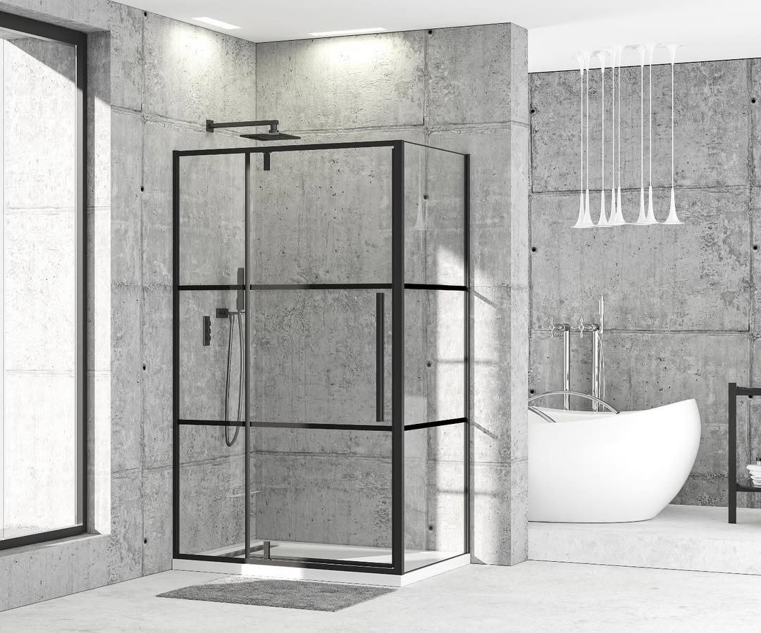 Industrial-style shower room with black frame enclosure